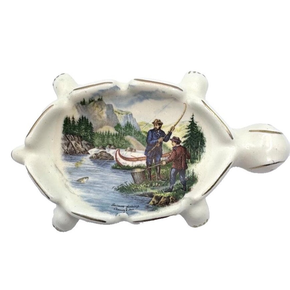 Vintage Currier & Ives Salmon Fishing Turtle Ceramic Ashtray Gold Trim